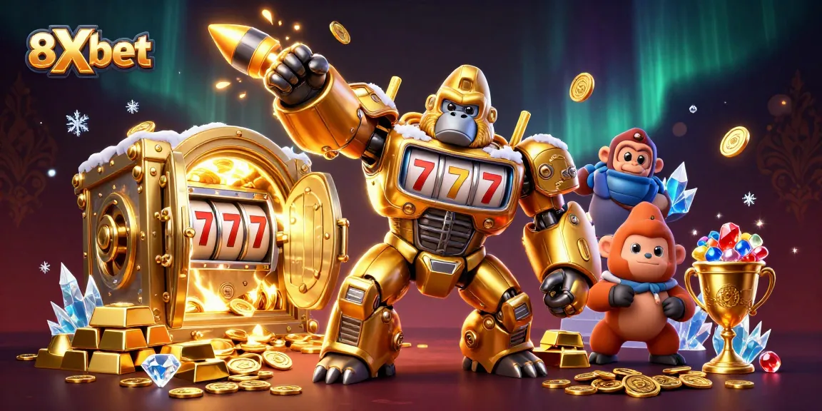 Experience 8Xbet's casino thrills with a 3D golden gorilla mech and explosive treasures.