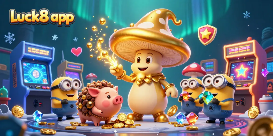 Experience magical treasures with the Luck8 app, featuring a golden mushroom wizard in a vibrant casino scene.