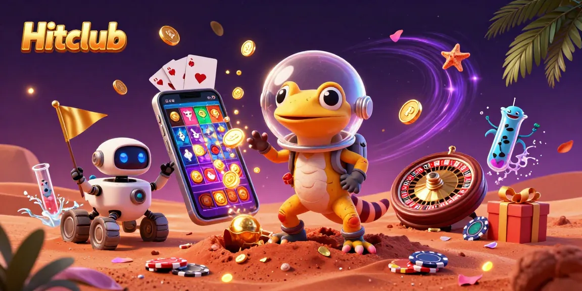 Hitclub enhances gaming excitement with a cartoon gecko discovering a gold casino on Mars.