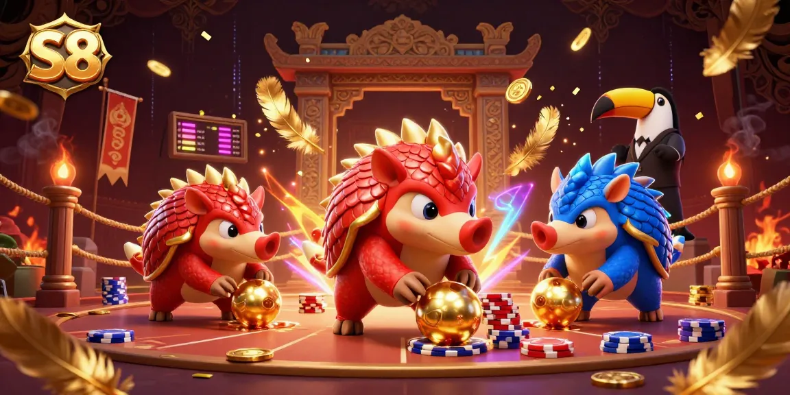 S8 offers thrilling casino action with rival pangolins rolling through poker chips in a vibrant, dynamic scene.