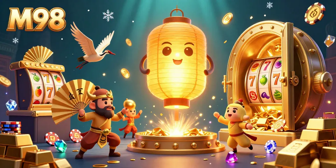 Engage with M98's exciting online casino experience through a vibrant illustration filled with golden treasures and gaming excitement.