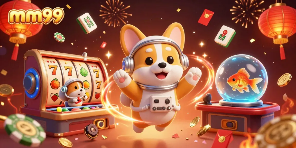 Experience excitement at mm99 with a floating goldfish, corgi, and hamster in a vibrant space casino.