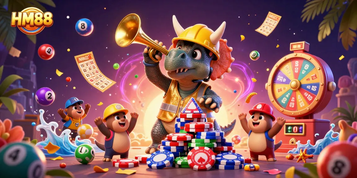 Join the excitement at HM88 as a triceratops builds poker chips amid colorful game elements.