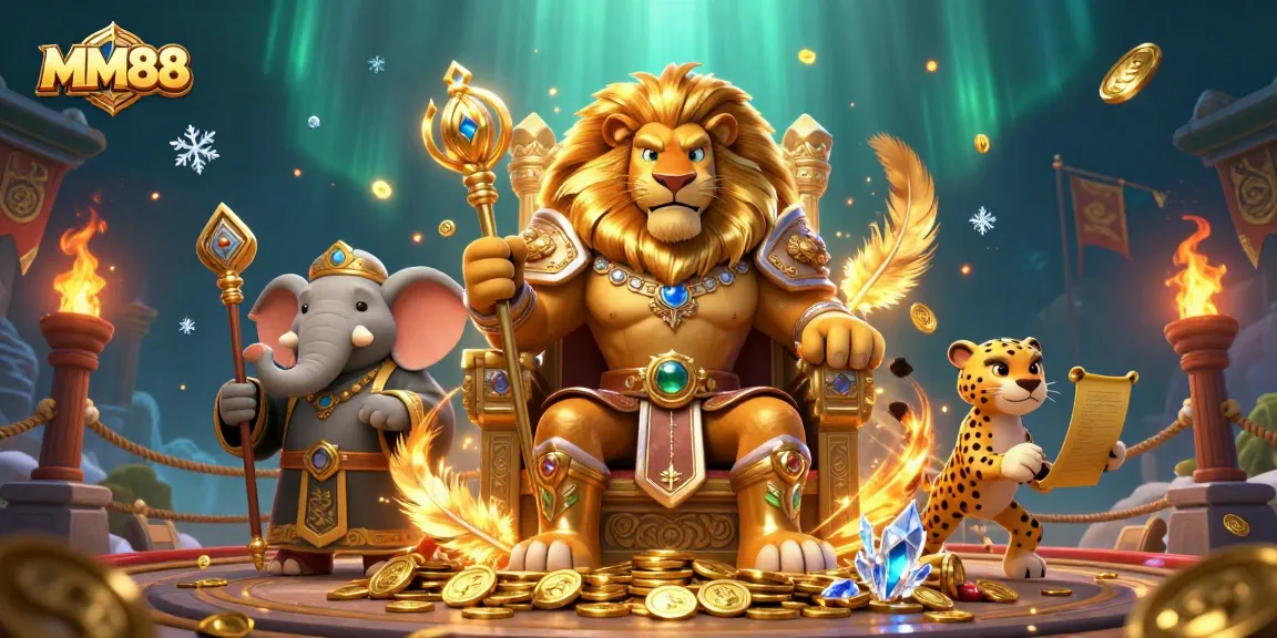 Experience thrilling wins with MM88, featuring a lion king, elephant advisor, and cheetah messenger in a dynamic gambling scene.
